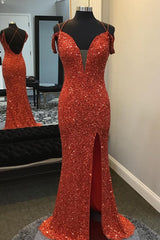 Prom Dressed 2035, Orange Sparkly Spaghetti Straps Sequins Long Prom Dress with Slit