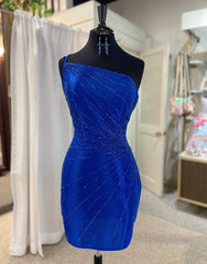 Bridesmaid Dresses Fall Wedding, Royal Blue One Shoulder Tight Glitter Homecoming Dress