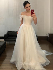 Wedding Dresses For Over 56S, A-Line/Princess Off-the-Shoulder Sweep Train Tulle Wedding Dresses