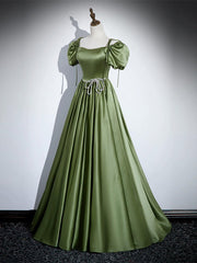 Aesthetic Dress, A-Line Satin Green Long Prom Dress, Green Formal Evening Dress