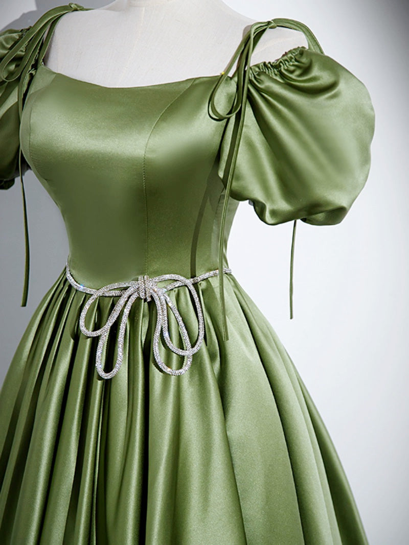 Girlie Dress, A-Line Satin Green Long Prom Dress, Green Formal Evening Dress