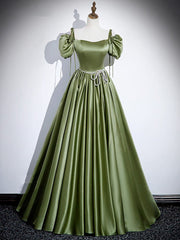 Slip Dress Outfit, A-Line Satin Green Long Prom Dress, Green Formal Evening Dress