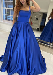 Evening Dress Petite, A-line Square Neckline Sleeveless Sweep Train Satin Prom Dress With Pockets