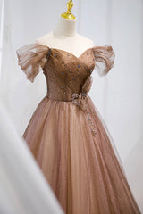 Homecoming Dresses Simple, A-Line Tulle Beaded Long Formal Dress, Off the Shoulder Evening Dress