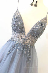 Prom Dress Blue Long, A Line V Neck Grey Beaded Long Prom Dress with Split, Grey Beaded Formal Graduation Evening Dress