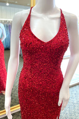 Evening Dress With Sleeves Uk, Red Sequins Mermaid Crossed Back Long Prom Dress with Slit