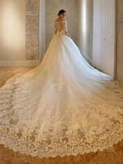 Wedding Dresses Shop, Ball Gown Off-the-Shoulder Cathedral Train Tulle Wedding Dresses With Beading
