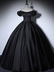 Prom Dress Light Blue, Black Satin Long Prom Dresses, Black Long Formal Sweet 16 Dress