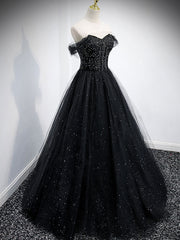 Party Dresses Short Tight, Black Sweetheart Off Shoulder Tulle Long Prom Dress, Black Evening Dress
