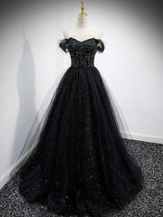 Party Dress Short Tight, Black Sweetheart Off Shoulder Tulle Long Prom Dress, Black Evening Dress