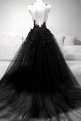 Prom Dress 2021, Black Tulle Lace Long A-Line Prom Dress, Black V-Neck Evening Dress