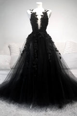 Prom Dress Backless, Black Tulle Lace Long A-Line Prom Dress, Black V-Neck Evening Dress