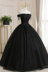 Formal Dresses For Weddings Mothers, Black Tulle Lace Long Prom Dress, Black A-Line Evening Gown