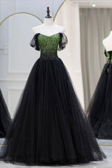 Glam Dress, Black Tulle Long Prom Dress with Beaded, Off the Shoulder Formal Evening Dress