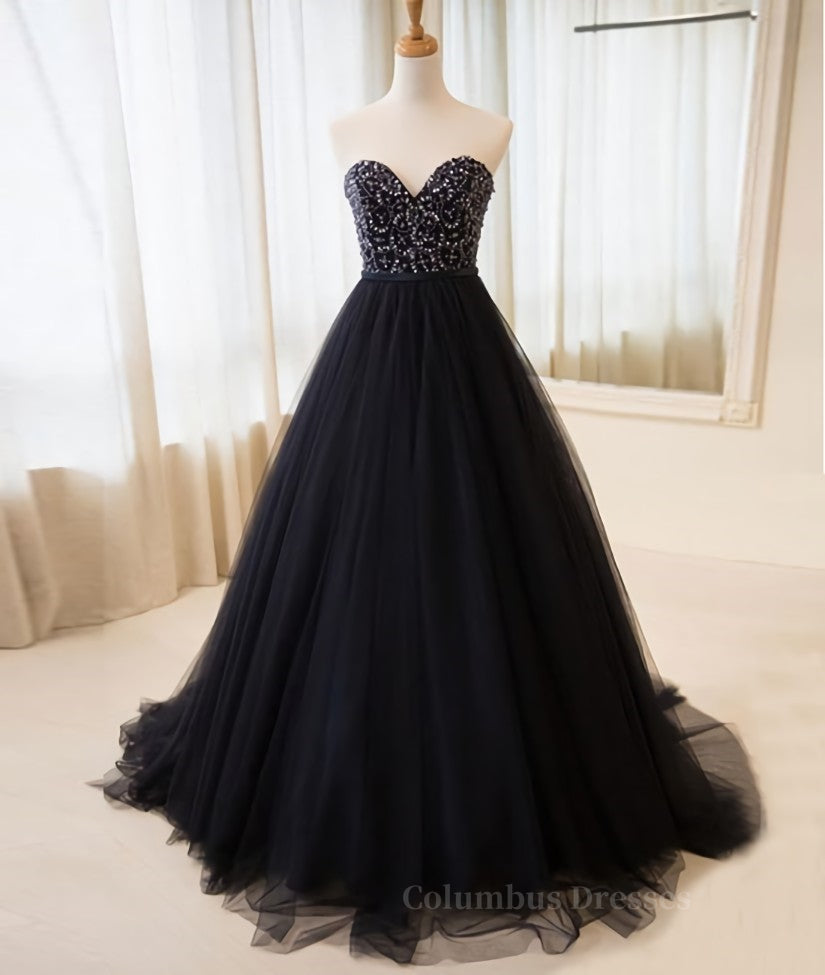 Party Dresses Near Me, Black tulle sweetheart neck long prom dress, black evening dress