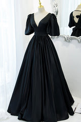 Prom Dress For Girl, Black V-Neck Satin Long Prom Dress, A-Line Short Sleeve Evening Dress