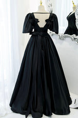 Prom Dresses For Girls, Black V-Neck Satin Long Prom Dress, A-Line Short Sleeve Evening Dress
