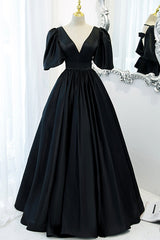 Prom Dresses For Short Girl, Black V-Neck Satin Long Prom Dress, A-Line Short Sleeve Evening Dress