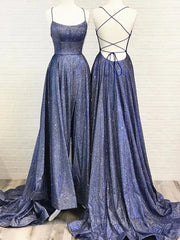 Formal Dresses Outfits, Bling Bling Backless Long Prom Dresses, Open Back Blue Long Formal Evening Dresses