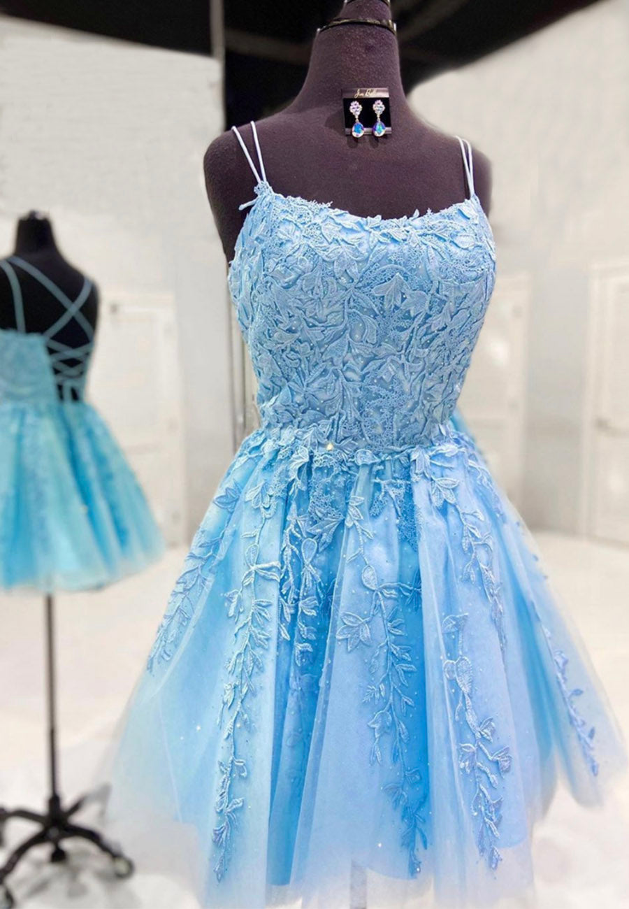 Formal Dresses Long Sleeve, Blue Tulle Short Prom Dresses, A-Line Lace Evening Dresses