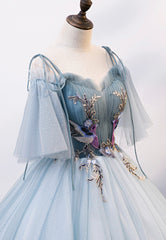 Prom Dresses Long Elegant, Lovely Spaghetti Strap Blue Long Prom Dresses, Lace Evening Dresses