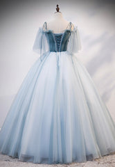Prom Dress Long Elegant, Lovely Spaghetti Strap Blue Long Prom Dresses, Lace Evening Dresses