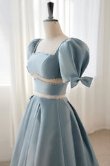 Prom Dresses Ball Gown Style, Blue Satin Beaded Long Prom Dress, Blue Short Sleeve Evening Dress