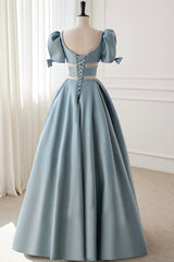 Prom Dresses For Teens Long, Blue Satin Beaded Long Prom Dress, Blue Short Sleeve Evening Dress
