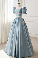 Prom Dresses 2025 Long, Blue Satin Beaded Long Prom Dress, Blue Short Sleeve Evening Dress