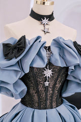Prom Dresse Backless, Blue Satin Lace Long Prom Dress, Off Shoulder Evening Party Dress