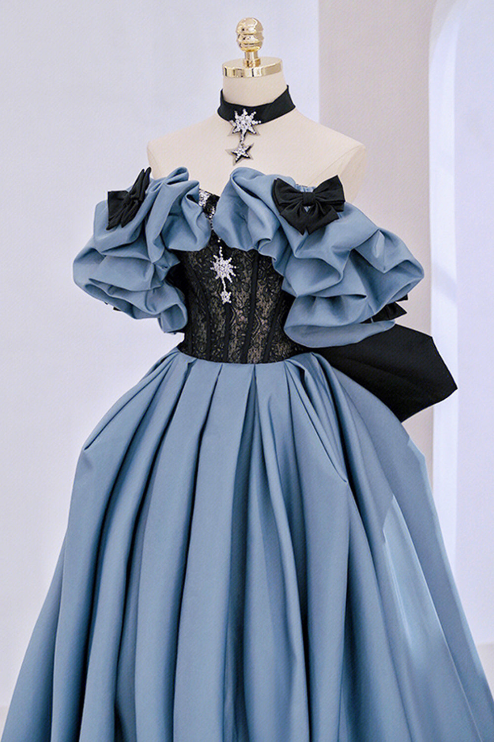 Prom Dresses 2023 Blue, Blue Satin Lace Long Prom Dress, Off Shoulder Evening Party Dress