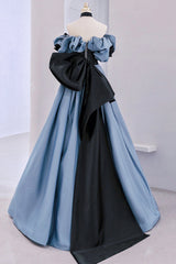 Prom Dresses Modest, Blue Satin Lace Long Prom Dress, Off Shoulder Evening Party Dress