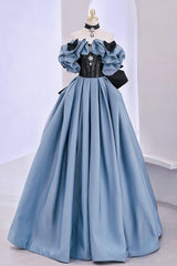 Prom Dress Long Quinceanera Dresses Tulle Formal Evening Gowns, Blue Satin Lace Long Prom Dress, Off Shoulder Evening Party Dress