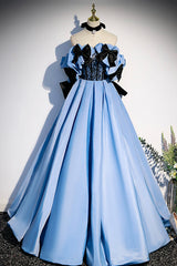 Classy Outfit, Blue Satin Long Prom Dress, Off the Shoulder Formal Evening Dress