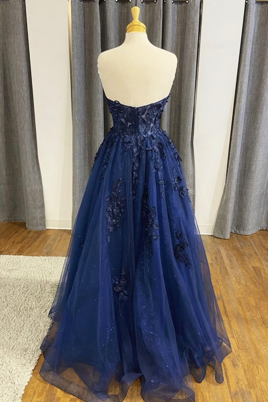 Prom Dress Light Blue, Blue Strapless Lace Long Prom Dress, A-Line Evening Dress Party Dress