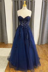 Prom Dresses Light Blue, Blue Strapless Lace Long Prom Dress, A-Line Evening Dress Party Dress