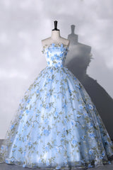 Prom Dress Long Sleeve Ball Gown, Blue Strapless Tulle Long Prom Dress, A-Line Evening Dress Party Dress