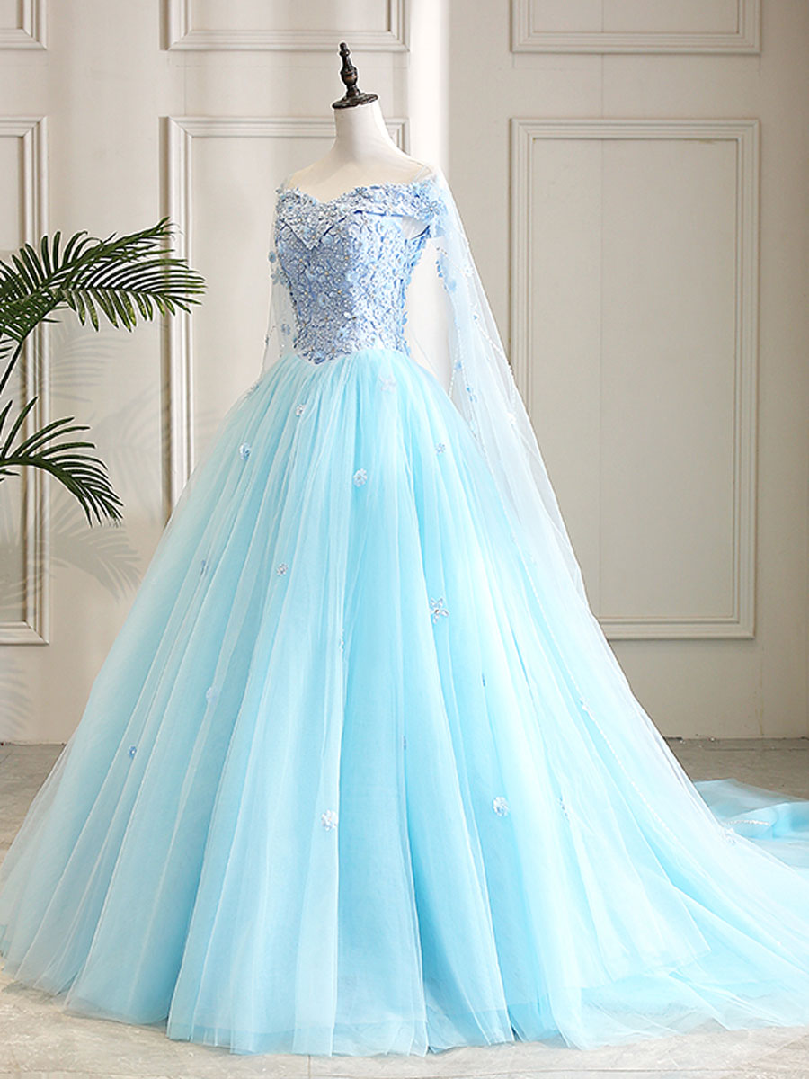 White Prom Dress, Blue Sweetheart Neck Tulle Lace Long Prom Dress, Blue Evening Dress