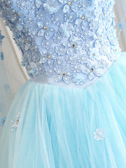 Party Dress Long Sleeve Mini, Blue Sweetheart Neck Tulle Lace Long Prom Dress, Blue Evening Dress