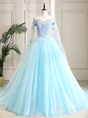 Spring Dress, Blue Sweetheart Neck Tulle Lace Long Prom Dress, Blue Evening Dress