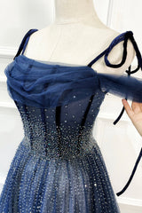 Evening Dresses Online Shop, Blue Tulle Beaded Long A-Line Prom Dress, Blue Spaghetti Straps Evening Dress