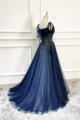 Evening Dress Stunning, Blue Tulle Beaded Long A-Line Prom Dress, Blue Spaghetti Straps Evening Dress