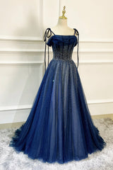 Evening Dress Formal, Blue Tulle Beaded Long A-Line Prom Dress, Blue Spaghetti Straps Evening Dress