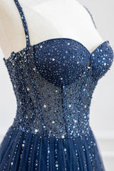 Prom Dresses Off Shoulder, Blue Tulle Beaded Long Prom Dress Formal Dress, Blue Evening Dress