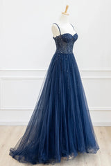 Prom Dresses Long Sleeve, Blue Tulle Beaded Long Prom Dress Formal Dress, Blue Evening Dress