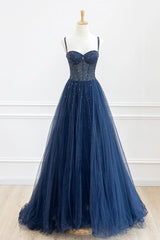 Prom Dress Floral, Blue Tulle Beaded Long Prom Dress Formal Dress, Blue Evening Dress