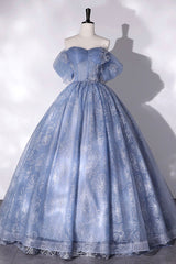 Party Dresses Long Sleeved, Blue Tulle Lace Long Ball Gown, Off the Shoulder Formal Evening Gown