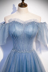 Prom Dress Long Blue, Blue Tulle Long A-Line Prom Dress, Off the Shoulder Evening Party Dress