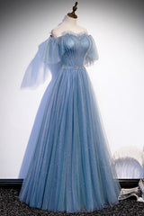 Prom Dress Blue Long, Blue Tulle Long A-Line Prom Dress, Off the Shoulder Evening Party Dress