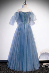 Prom Dresses Blue Long, Blue Tulle Long A-Line Prom Dress, Off the Shoulder Evening Party Dress